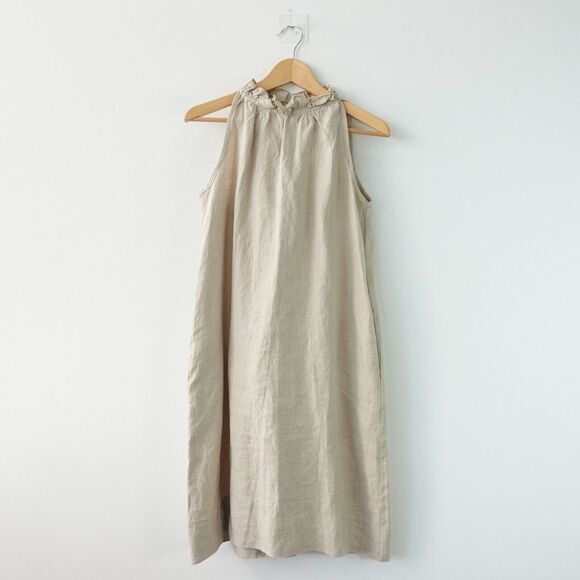 Linen‎ Shift Dress XS Beige Oat Trapeze Ruffle Loose Summer Resort HEATHER LAINE - Picture 1 of 12